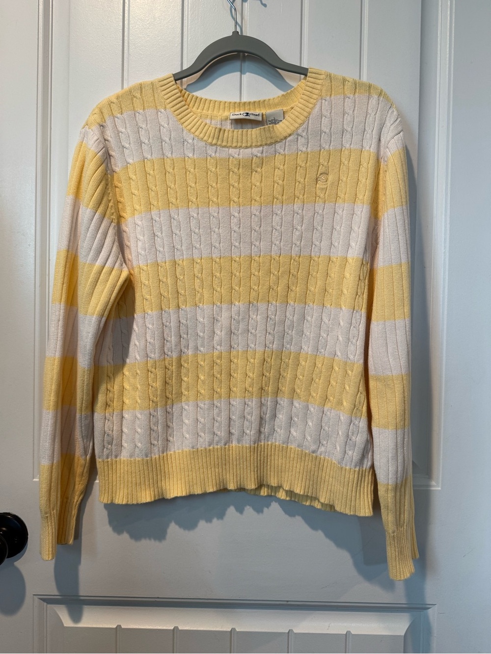 Vintage Duck Head Striped Cable-Knit Sweater in Buttery Yellow and Cream Large
